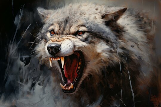 Detailed digital painting of a fierce and aggressive gray wolf snarling with menacing teeth