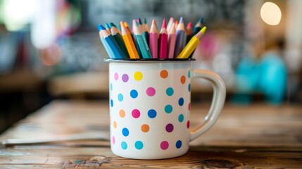 A mug with colorful polka dots sits on a wooden table - Powered by Adobe