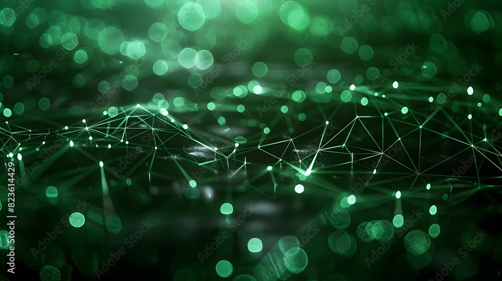 Poster abstract green digital network connections with glowing dots and lines on a dark background, represe