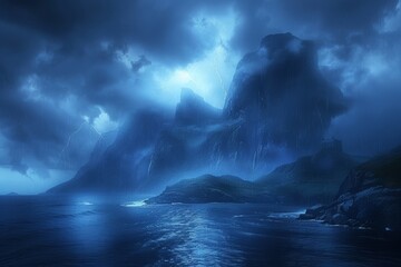 Dark Ocean With Mountain in Background