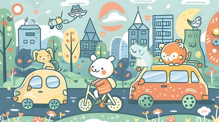 Whimsical Town with Cute Animal Characters on Vehicles