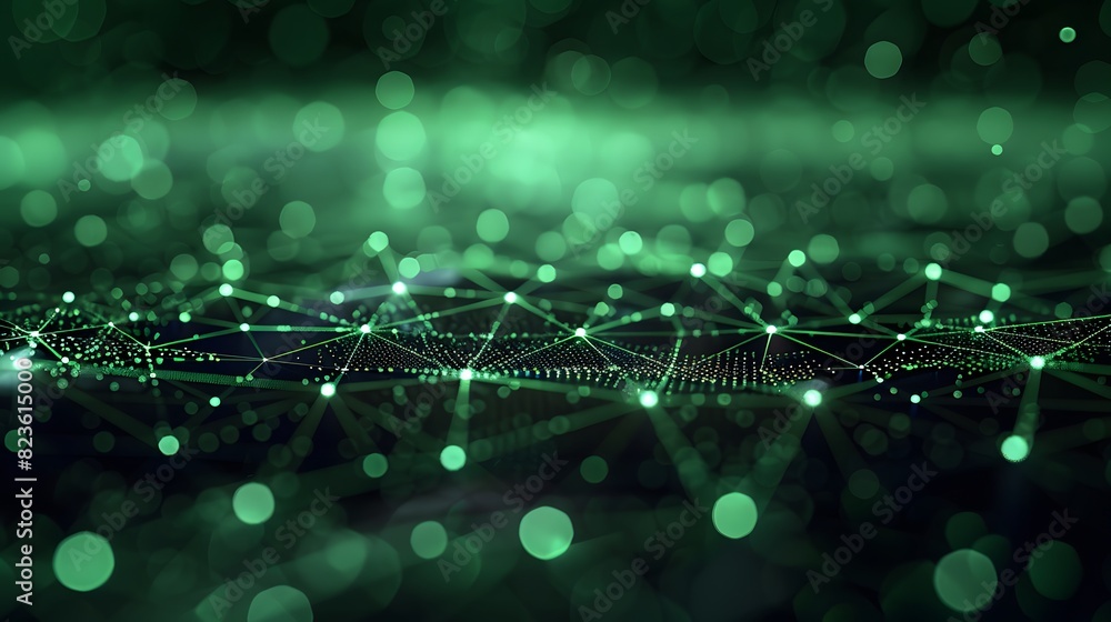 Poster abstract green glowing network nodes and connections, futuristic digital technology background, neur