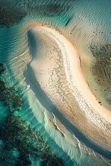 Obraz premium Aerial view of a sandbar in shallow, clear water, highlighting the natural curves and the interplay of light and shadow on the sand. Emphasize the simplicity and beauty of the scene. 