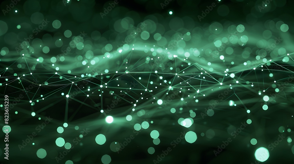 Poster abstract green network background with connected glowing particles and lines, representing data, tec