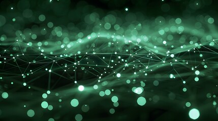 Abstract green network background with connected glowing particles and lines, representing data, technology, and digital communication.