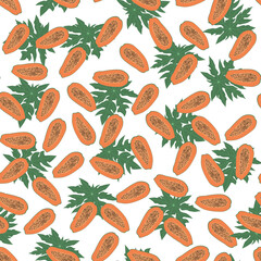 Seamless papaya pattern. Fashionable summer background. Vector illustration in flat hand drawn style. Vector print on fabric or wallpaper.