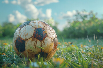 An old soccer ball lies in a grassy field, evoking memories of past games. The lush green setting highlights its worn-out condition.