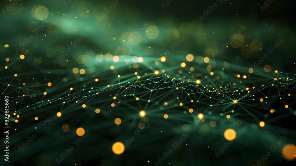 Poster abstract green network with glowing nodes and lines, representing connectivity, technology, and digi