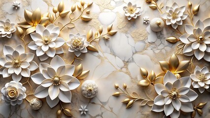 Delicate white petals adorned with shimmering gold, creating a captivating 3D floral arrangement against a sophisticated marble backdrop, exuding both fragility and opulence