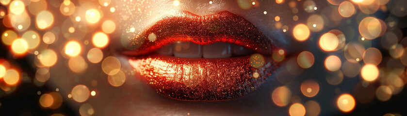 Close-up of glamorous red lips with sparkling golden bokeh lights. Perfect for glamour, fashion, and beauty-themed projects.