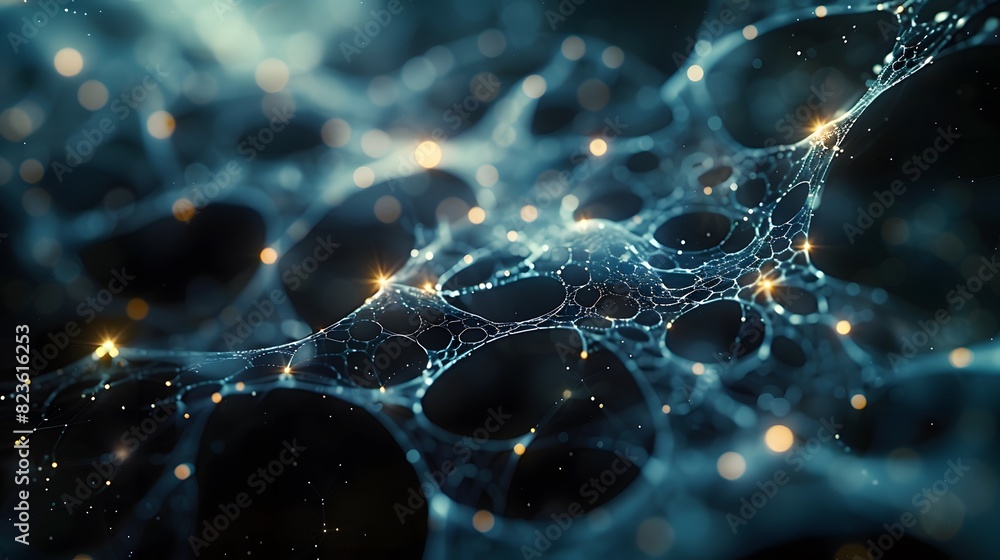 Poster abstract image of interconnected blue and black particles and glowing connections, representing netw