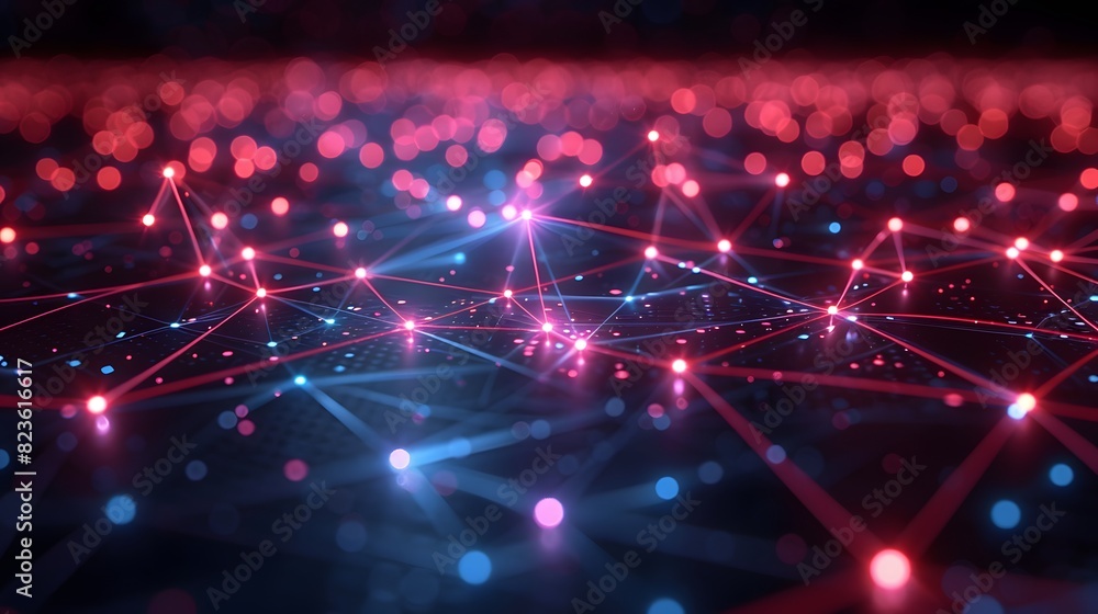 Poster abstract network connection with glowing nodes and lines. futuristic technology background with pink