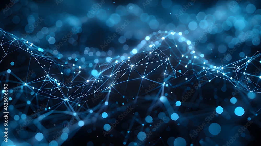 Poster Abstract network connections and points of light representing digital communication and data exchange on a dark blue background.