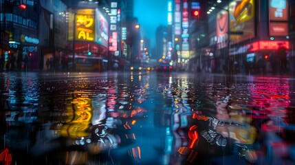 Fototapeta premium Rain-Soaked Streets Radiate Ethereal Glow from Neon Lights
