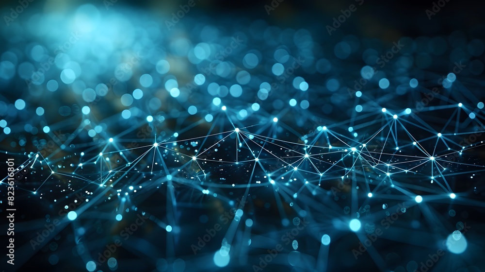 Poster abstract network connections represented by glowing blue nodes and lines, depicting digital communic