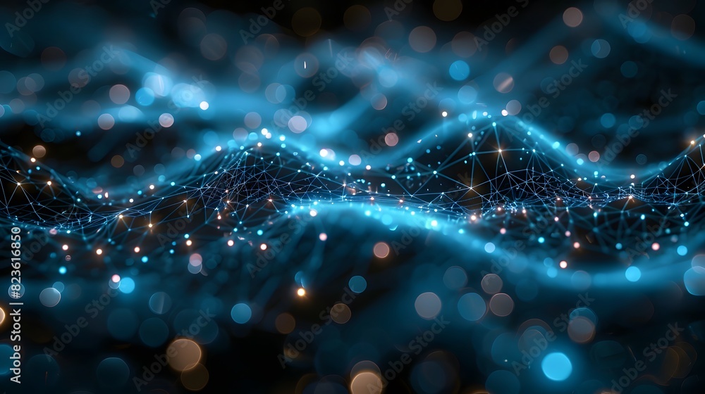 Poster abstract network connections with glowing nodes and lines in a blue and black space, representing te
