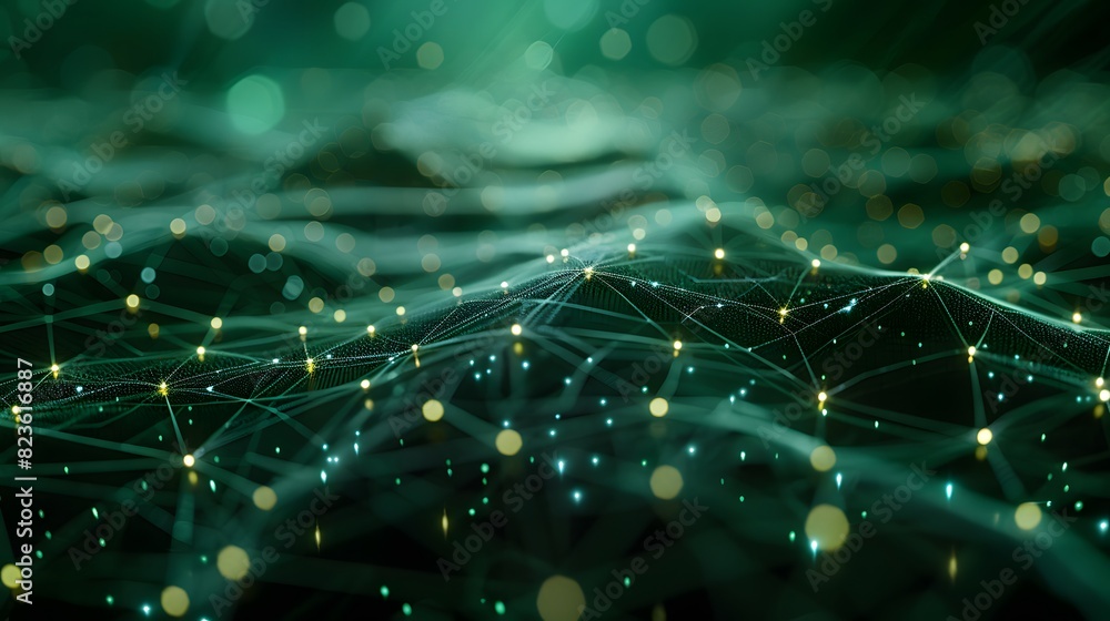 Poster abstract network connections with glowing nodes and lines on a green background, representing digita