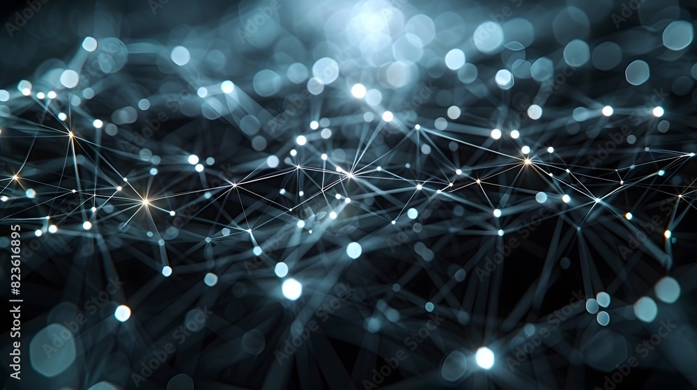 Poster abstract network connections with glowing nodes and lines, representing data, technology, and digita