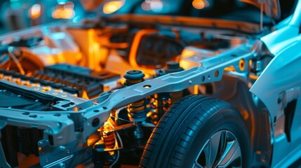 Fototapeta premium Highlight the technological advancements of electric cars through close-up shots of innovative features and cutting-edge design elements --ar 16:9