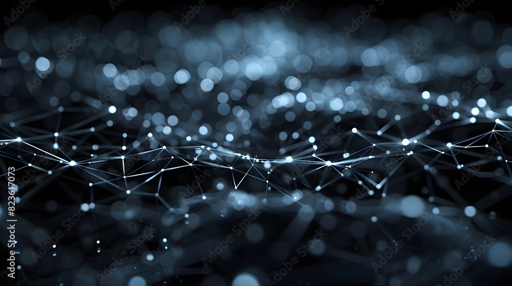 Poster Abstract network of glowing connected nodes and lines on a dark background, representing a digital communication or futuristic technology.
