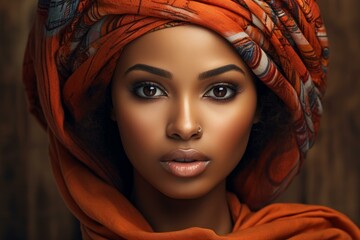 Naklejka premium Portrait of a stunning woman with a vibrant headscarf against a wooden backdrop