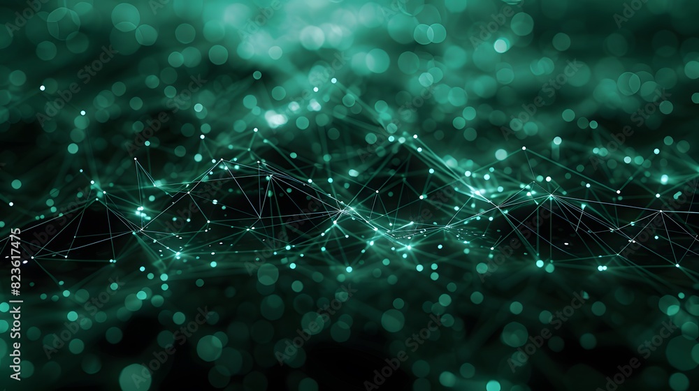 Poster abstract network with glowing dots and lines on a dark background, representing data flow and connec