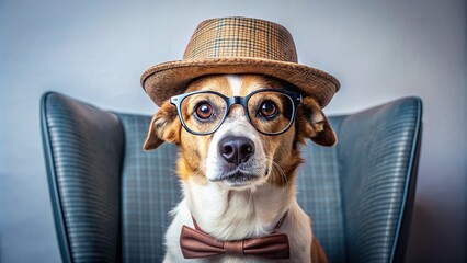 Funny dog wearing glasses and a hat, sitting on a chair, looking at the camera with a silly expression