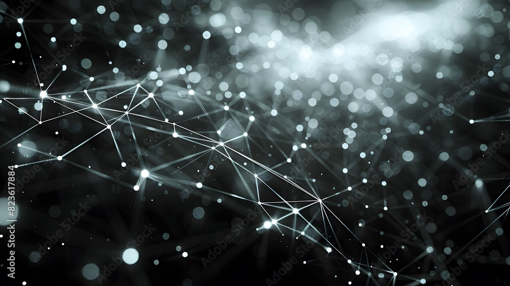 Poster abstract representation of interconnected digital nodes in a network, depicting the concept of data 