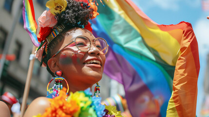 A person with a rainbow flag draped over their shoulders at a pride parade