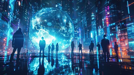 Global hologram, business people and digital transformation with scifi, cyberpunk or information technology light innovation background, Futuristic 3d background