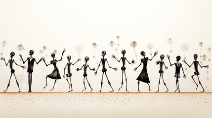 Silhouettes of skeletons dancing with balloons, Halloween party illustration.