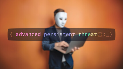 Cybersecurity concept advanced persistent threat on foreground screen, hacker silhouette hidden with low poly style mask. Vulnerability and attack on colored code editor. Text in English, English text
