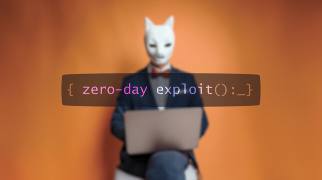 Cybersecurity concept zero-day exploit on foreground screen, hacker silhouette hidden with low poly animal mask. Vulnerability and attack on colored code editor. Text in English, English text