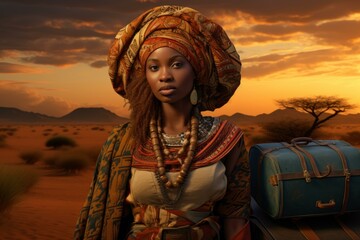 Portrait of a regal african woman dressed in traditional attire, standing with a suitcase in a desert at dusk
