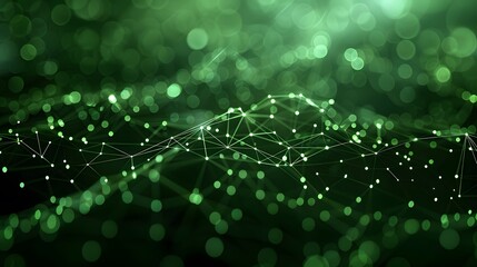 Abstract technological green background with a network of connected dots and lines, representing connectivity and data transfer in cyberspace.
