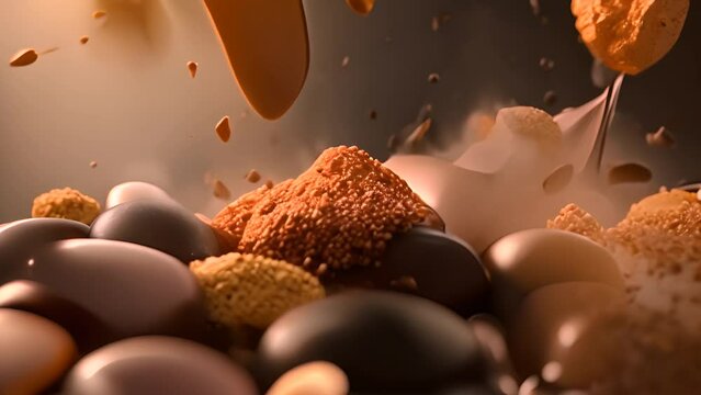 Pile of Chocolate Candies With Chocolate Splash Generative AI