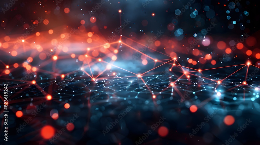 Poster abstract technology background with interconnected dots and lines, glowing in red and blue light, de