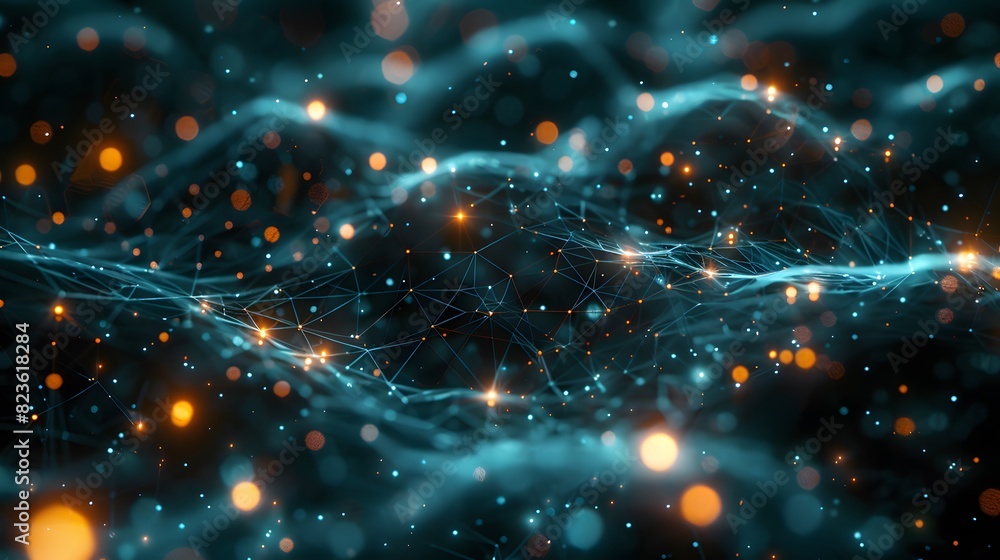 Poster abstract visualization of a digital network with blue and orange glowing particles, representing dat