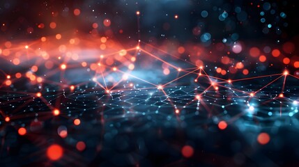 Abstract technology background with interconnected dots and lines, glowing in red and blue light, depicting a digital network.