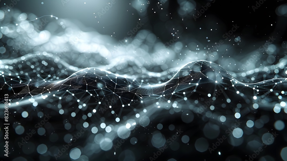 Poster abstract visualization of a digital network, representing data or technology in glowing white and gr