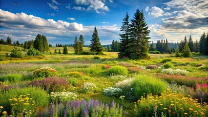 Isolated image of a sprawling field adorned with evergreen shrubs, wildflowers, and verdant grass, ideal for creating nature-themed designs