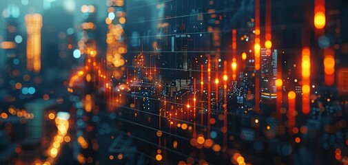 Fototapeta premium Abstract investment chart close up, financial data, dynamic, fusion, modern cityscape