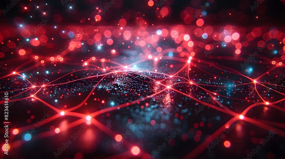 Poster abstract digital network visualization with red and blue lights, representing data exchange and tech