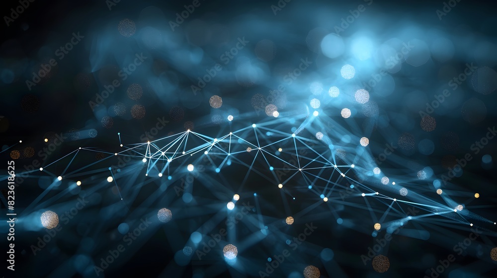 Poster abstract digital network with glowing blue nodes and lines on a dark background. concept of technolo