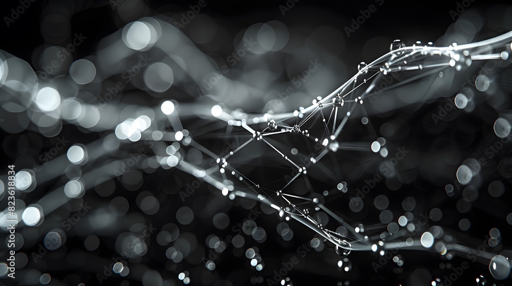 Poster close-up of a network of interconnected nodes and lines on a black background, representing complex 