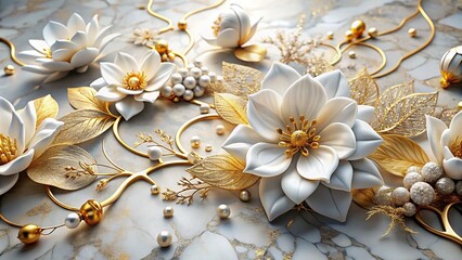 Majestic white flowers adorned with intricate golden details, harmoniously arranged against a marbled surface, capturing the essence of nature's artistry and the allure of precious metals