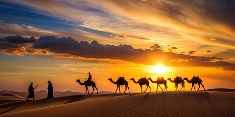 Majestic sunrise scene in Sahara desert with a silhouetted camel caravan and a Berber man in the distance 