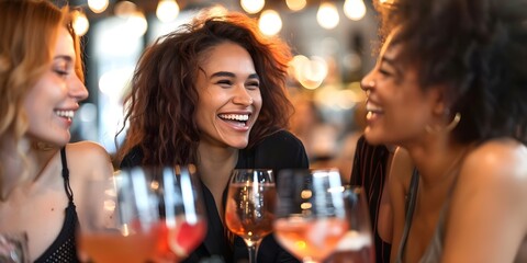 Closeknit group of women reminiscing and laughing over drinks in a pub. Concept Friendship, Girls' Night Out, Laughter, Pub Scene, Bonding