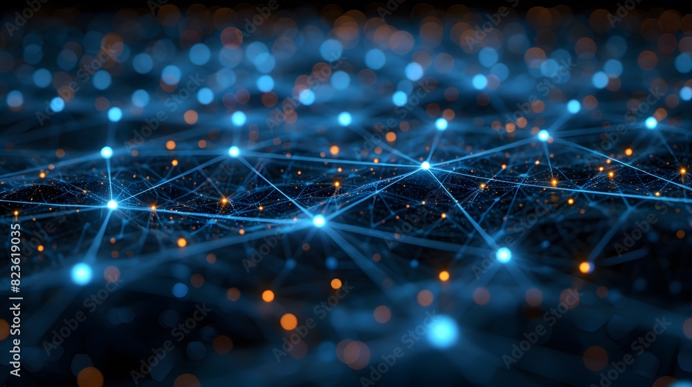Poster close-up view of a glowing blue network of connected dots and lines, representing digital technology