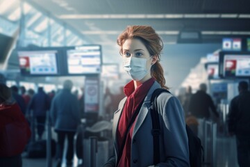 Young woman in a protective face mask at a busy airport hints at the new normal in travel